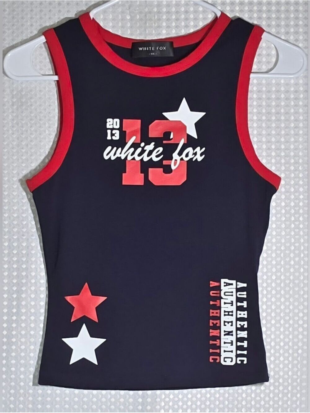 White Fox Y2K Graphic Tank Top Navy Red Baby Tee Fitted Racerback Size XS - Picture 9 of 10